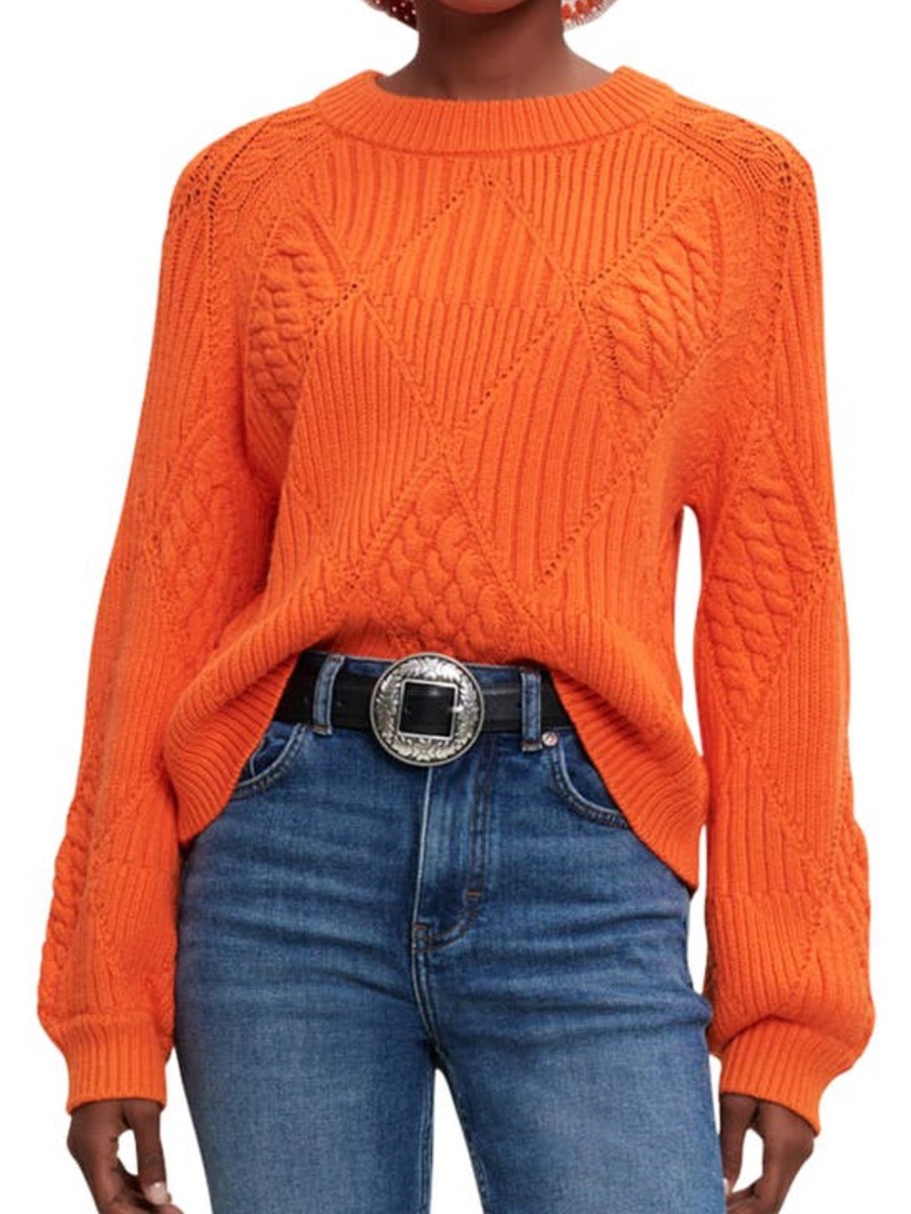 Orange Textured Cable Crewneck Sweater